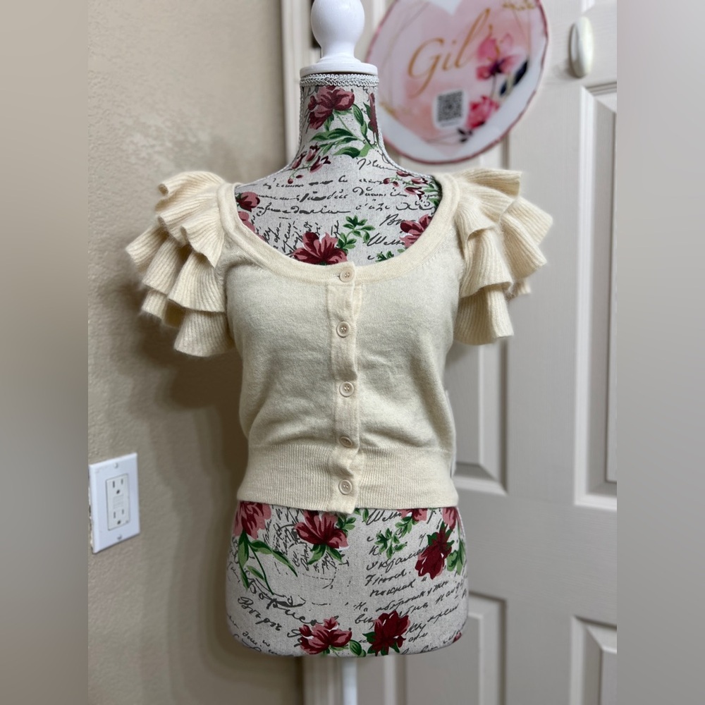NWT French Connection Angora Rabbit Hair Ruffle Sleeve Cardigan Top S Cream - Picture 2 of 11